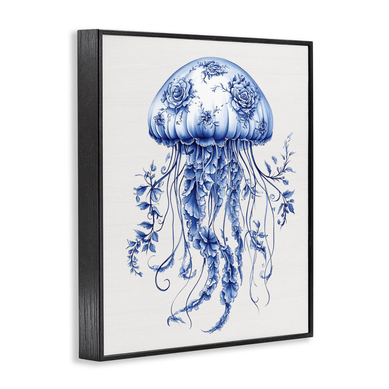 «Funky Toile Jellyfish», estampe numérique giclée encadrée, H 20 po x l 16 po, Giclée encadrée noir minuit