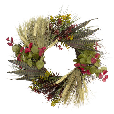 Couronne artificielle d'eucalyptus et de brindilles de blé 22 po