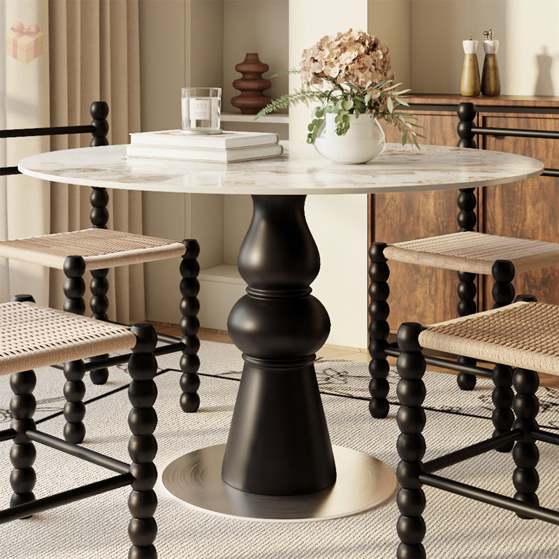 Ivy Bronx Modern Round Dining Table with Sintered Stone Top and Solid ...