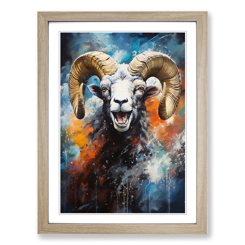 Ram Sheep Action Painting - Single Picture Frame Print on Wood, Oak Framed, 46cm H x 34cm W x 2cm D