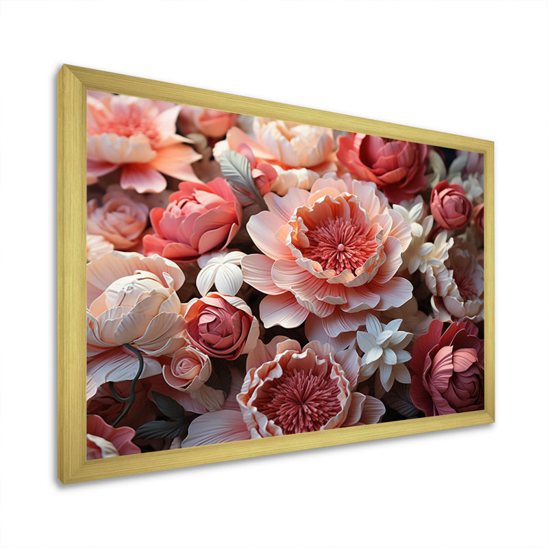 Bouquet de fleurs roses, harmonie délicate II - impression, Cadre doré simple, H 12 po x l 20 po x P 1 po