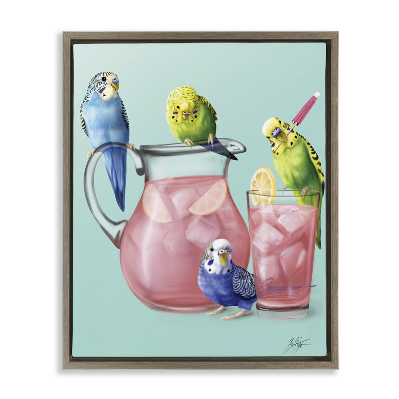 "Budgies & Pink Lemonade", art mural par Mehu Art, Cadre flottant orme Montalcino, H 31 po x l 25 po