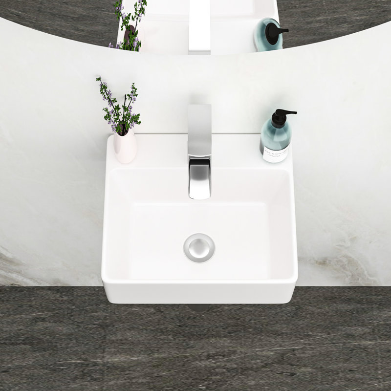 White Ceramic Wall Mount Bathroom Sink, 13.6l X 11.6w 4.8h, Single Faucet Hole, Smooth Polished Surface, Acid , Modern Design, Installation Guide 13.6x11.6 Inch Rectangle Stain Low Water Absorption,