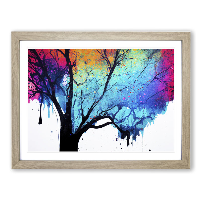 Tree Paint Splatter Abstract - Single Picture Frame Print, 46cm H x 64cm W x 2cm D, Oak Framed
