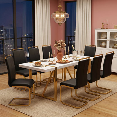 7-9-Piece Modern Engineered Wood Dining Set with Pedestal Metal Base and  Faux Leather Chairs