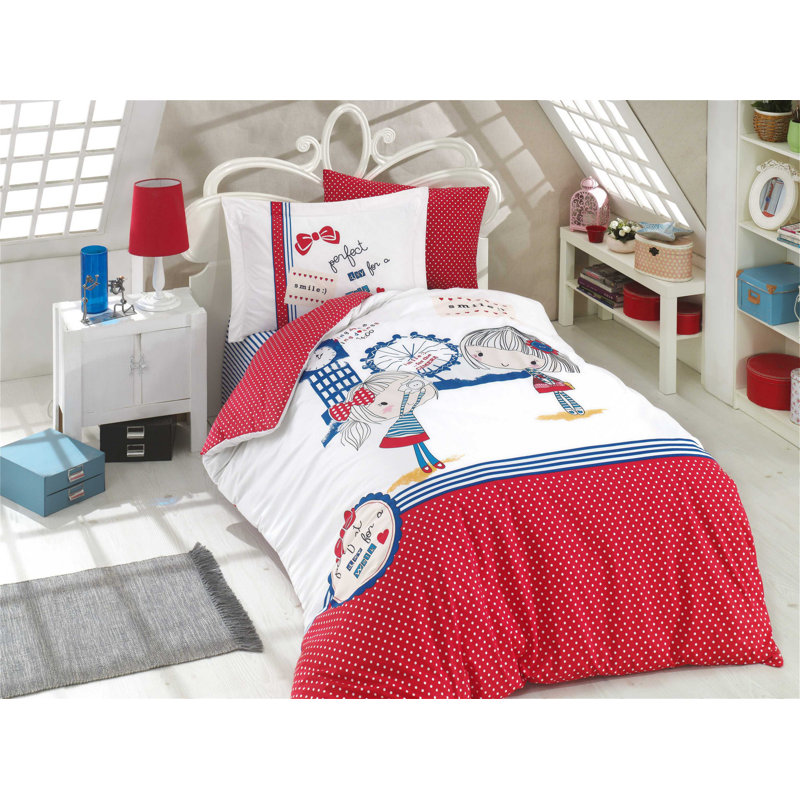 Ensemble de housse de couette 100% coton 3 pièces rouge / blanc / bleu Hafner