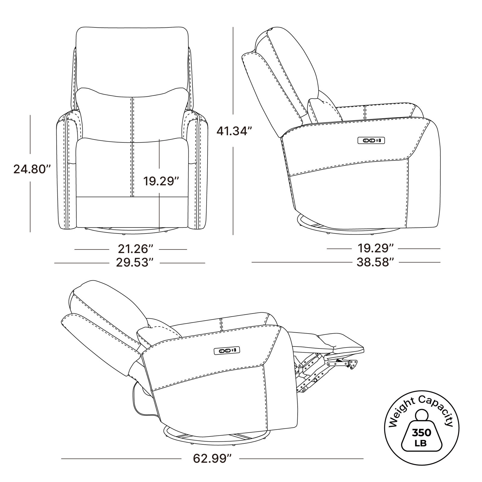 Genuine Leather Swivel Power Recliner, Florida Black
