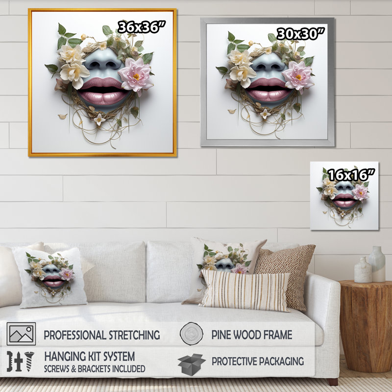 Floral Lips Silhouette I - art sur toile tendance, Cadre doré simple, H 36 po x l 36 po x P 1,5 po