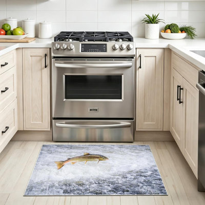 Clear Machine Washable,Salmon Jumping River England Fish Indoor Area Rug