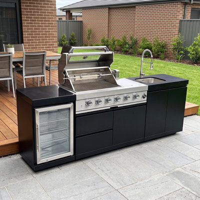 Îlot de cuisine 98 pouces en acier inoxydable 304 modulaire 72 000 BTU au propane avec réfrigérateur et comptoir en granite Dovelina