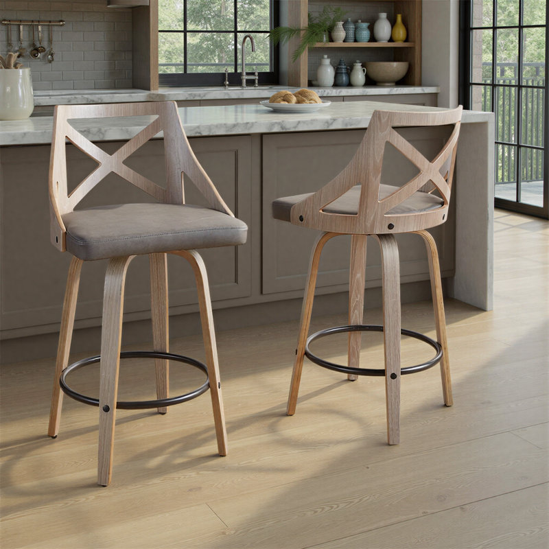Tabouret de comptoir à hauteur fixe de 26 po avec pieds en bois courbé et repose-pieds rond Dannie, Light Grey Wood/Black