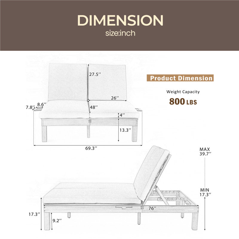 5-Position Adjustable Backrest Double Chaise Lounge Outdoor, Outdoor Chaise Lounge With Cushion And Folding Side Trays For 2 People, Patio Double Chaise Lounge For Poolside Garden