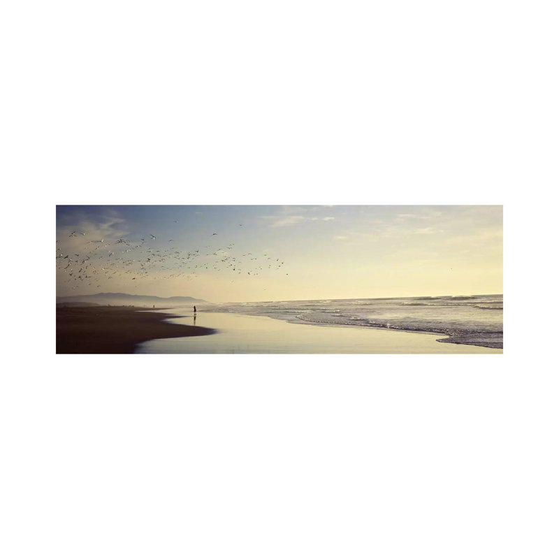 Flock Of Seagulls Flying Above A Woman On The Beach, San Francisco, California, USA - Wrapped Canvas Panoramic Print