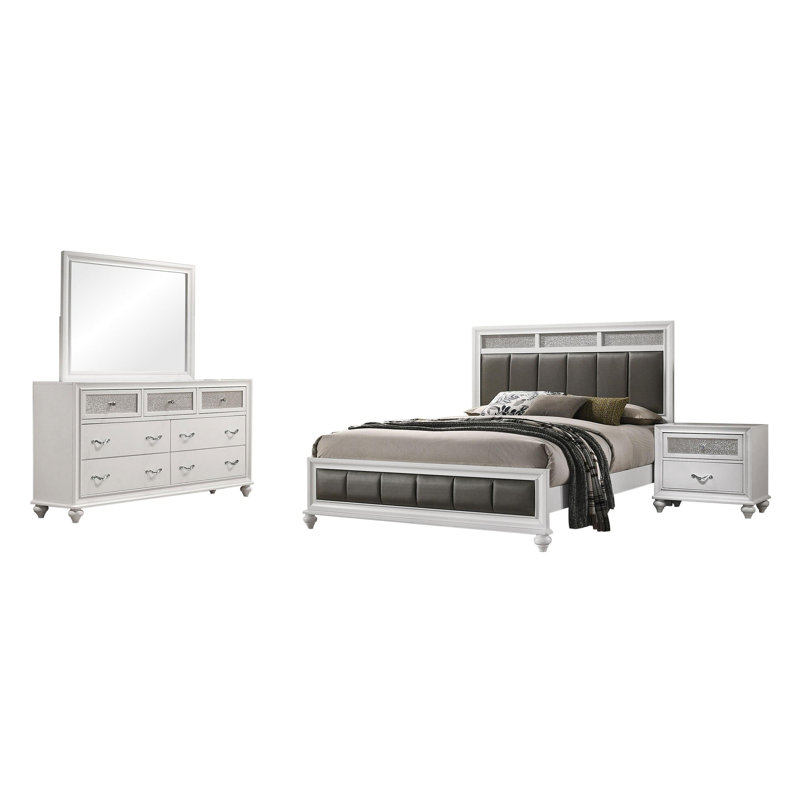 Ensemble de chambre à coucher, Blanc / Gris, Très grand lit, Ensemble de 4 pièces : lit, table de chevet, comm