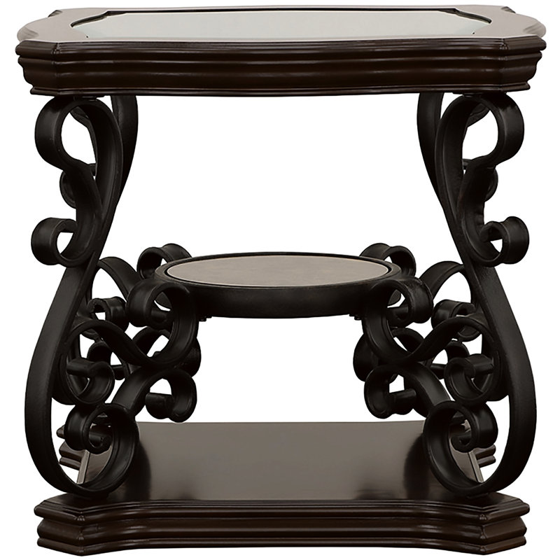 Table de bout en verre avec plateau à 2 tablettes pour les agencements de meubles, offrant un espace de rangement et de présentation, des solutions de tablettes à structure en métal, teinte brun rouge foncé, espace généreux, design
