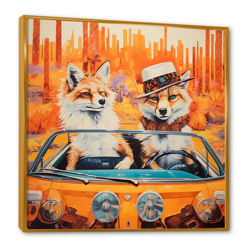 «Foxs aventureux au volant I», art mural animal, Cadre flottant doré, H 16 po x l 16 po x P 1 po