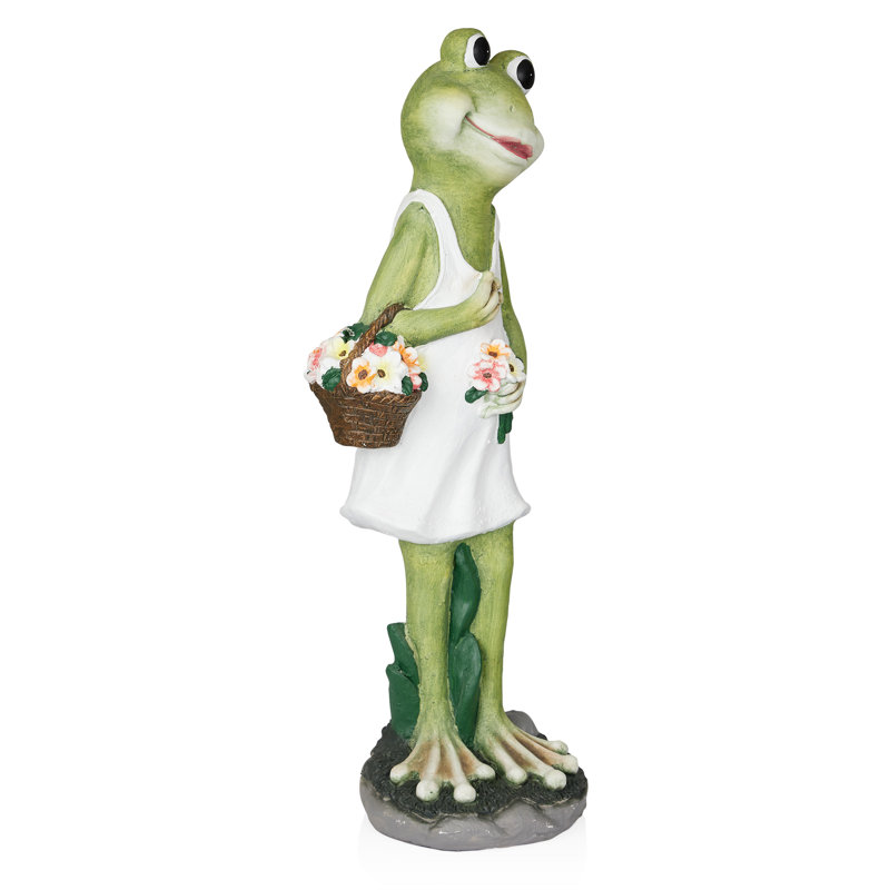 Statue de grenouille 31 po avec fleurs blanches pour jardin, patio et pelouse