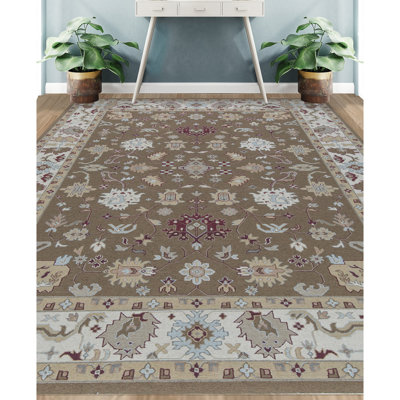 Tapis brun et beige de haute qualité noué à la main
