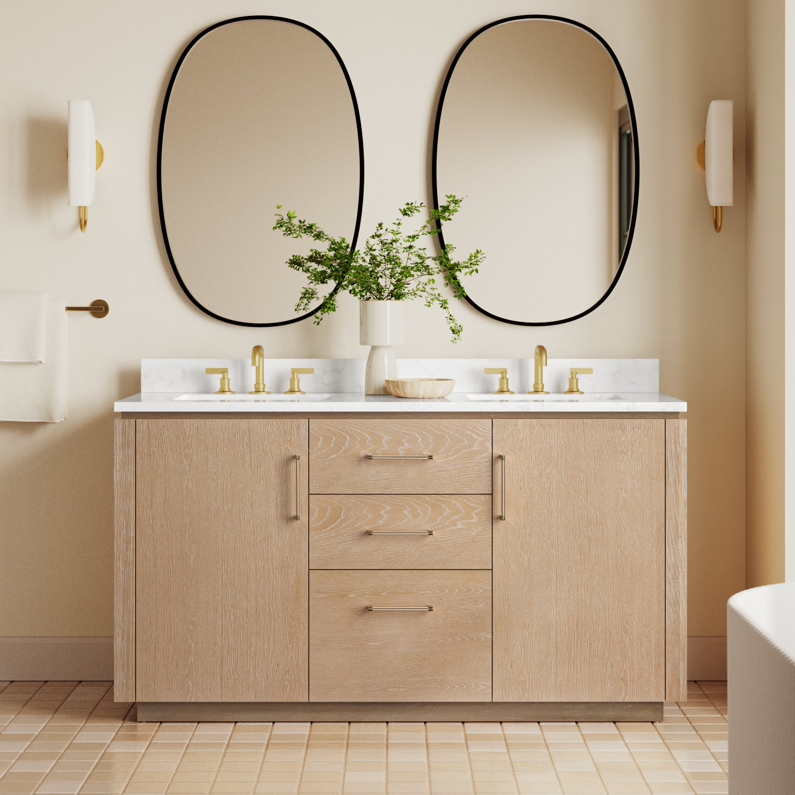 Cloverfield 60'' Double Bathroom Vanity, Gold, Washed Ash Gray