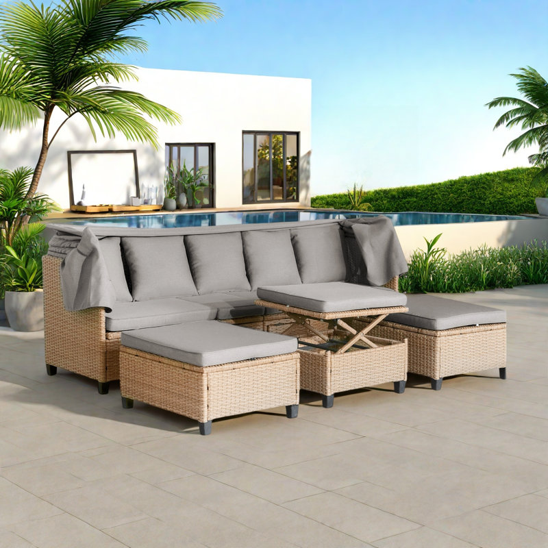 4 Pieces Uv-proof Resin Wicker Patio Sofa Set Included A 4-seat Sofa, 2 Ottomans, A Lifting Table, Retractable Canopy, Cushions And Adjustable Backrest