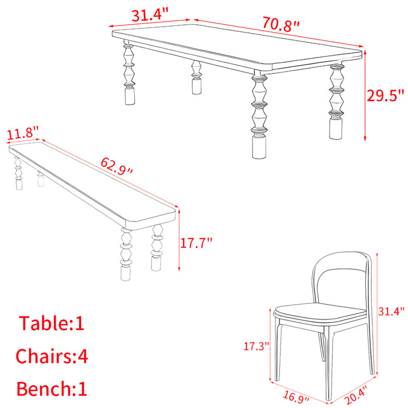 Ensemble de table en bois massif rétro de style français, H 29,5 po x L 70,8 po x l 31,4 po