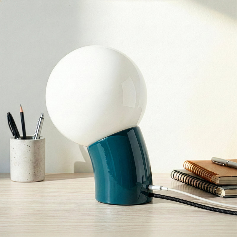 Lampe de table incurvée à DEL avec globe en verre et abat-jour en verre givré avec port USB-C, Sarcelle