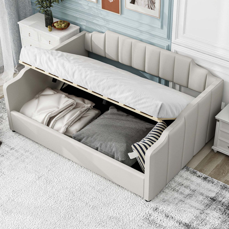 Upholstered Daybed with Underneath Storage, Beige, Full/Double