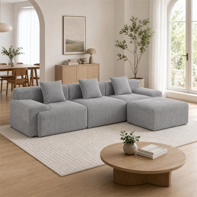Canapé modulaire sans cadre de 118,2 pouces en forme de L convertible à assise profonde en velours côtelé, conception sans assemblage avec repose-pieds amovible