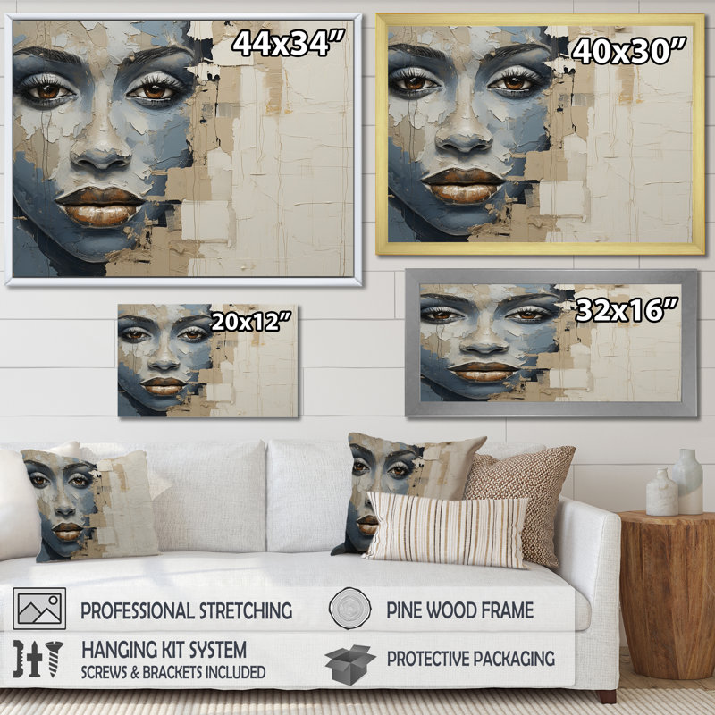 «Blue and Beige African Woman Collage I», reproductions d'art encadrées, H 12 po x l 20 po x P 1 po, Cadre doré
