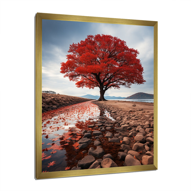 Reproduction d'art sur toile, arbres monochromes rouges et gris «Solitude I», H 32 po x l 16 po x P 1 po, Encadrement doré