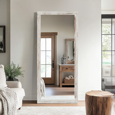 Elegant Full-Length Mirror With Washed White Frame - Durable Pine Wood, Freestanding Or Wall-Mounted Versatility For Bedroom, Living Room, And Entryway Decor