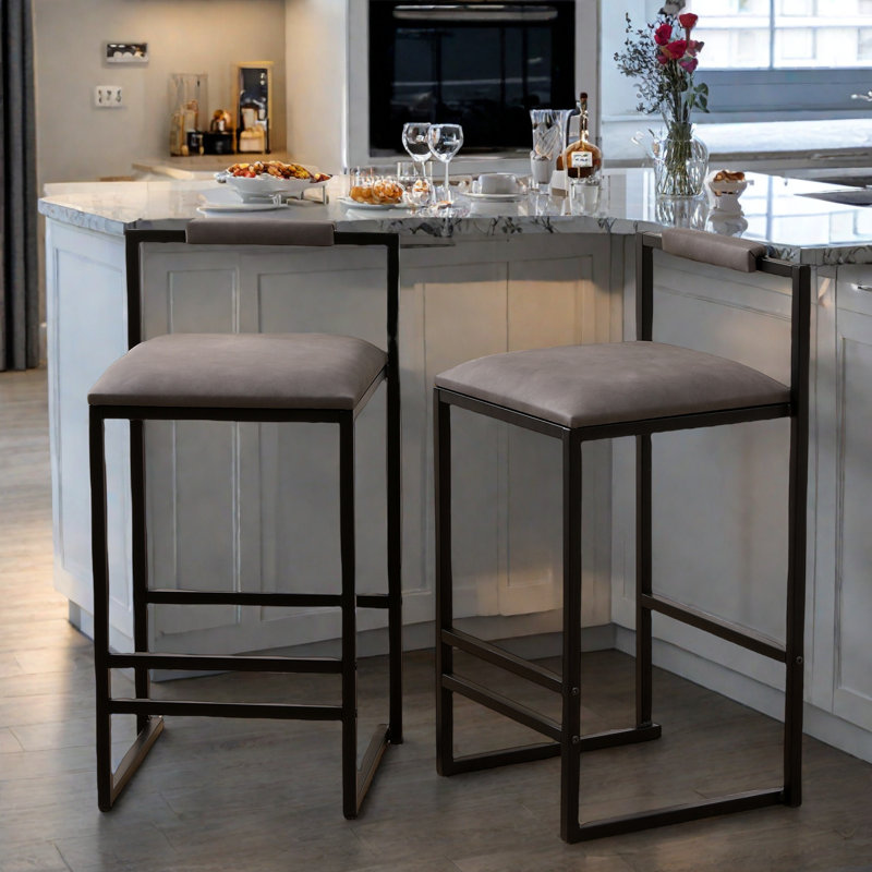Ensemble de 2 tabourets de bar rembourrés avec dossier et repose-pieds, cuir synthétique et structure en métal, Gris