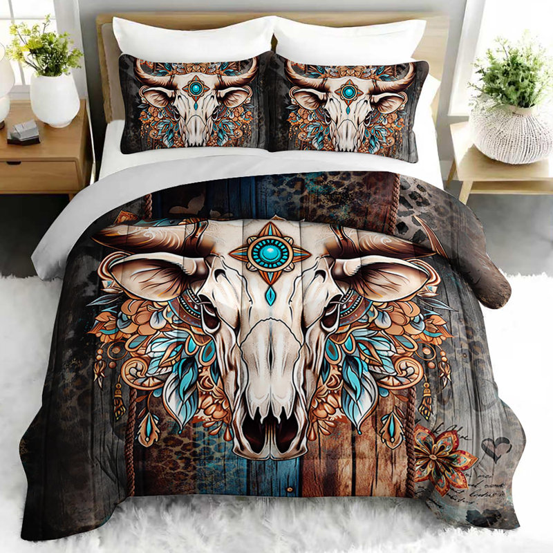 Ensemble d'édredon Native American Bull Skull, ensemble de literie bohémien avec 2 taies d'oreiller, literie douce et lavable à la machine, édredon toutes saisons