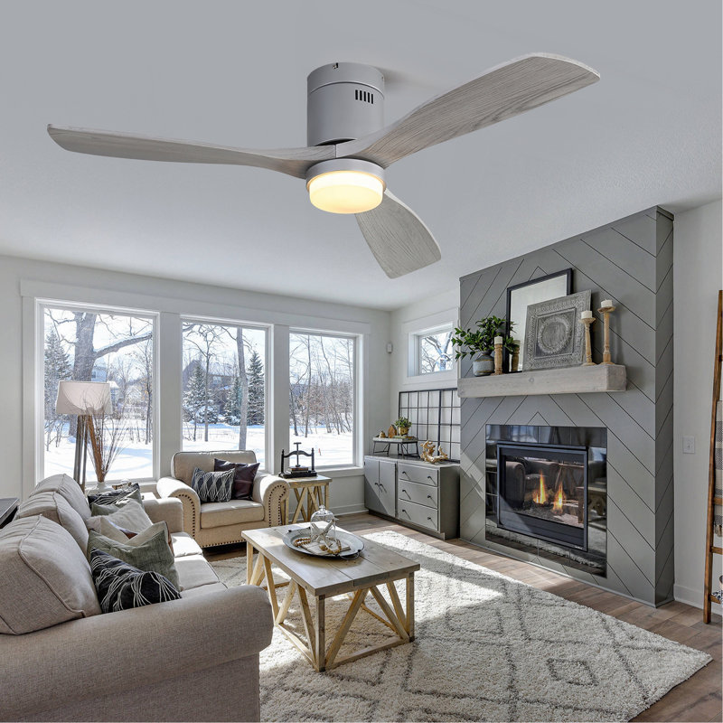 Ventilateur de plafond 52 pouces avec lumières 3 pales en bois massif avec moteur réversible silencieux et télécommande, Gris