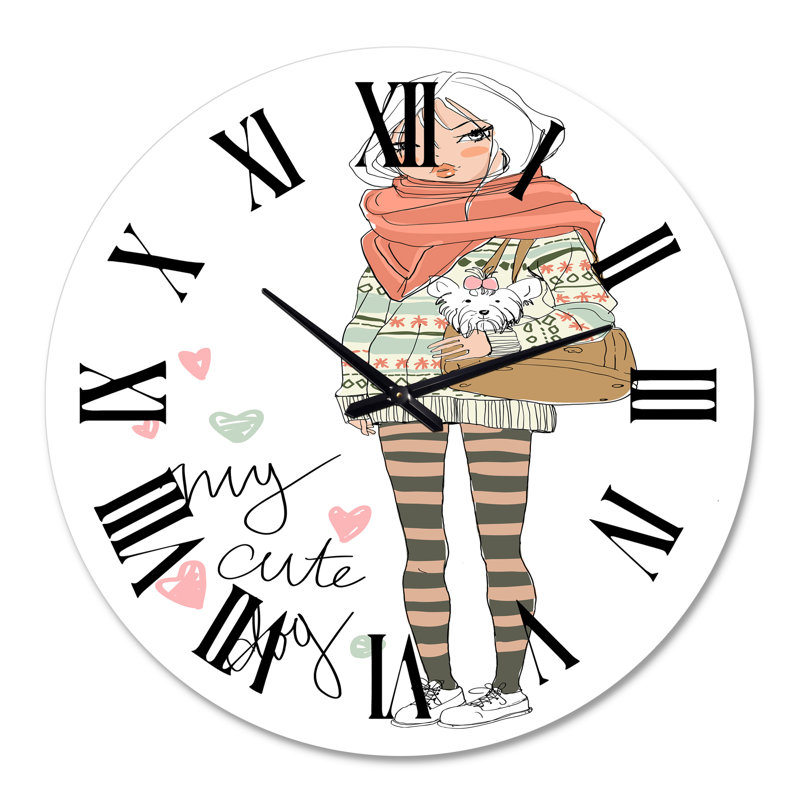 Jolie fille avec un chien - horloge murale Shabby Elegance, Grand