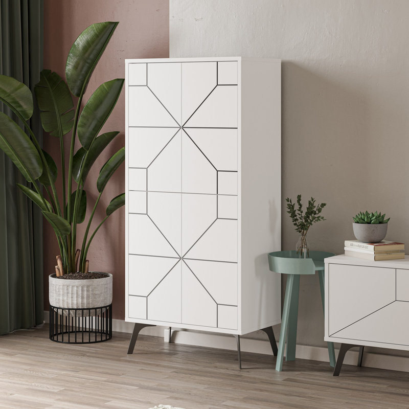 Modern Multi-Purpose Cabinet, White, 24.6 x 53.5 x 14.0 inches | 100% Melamine Coated Particle Board, Thickness: 0.7 inches | Soft-Close Hinges, Push to Open Doors | Stylish Geometric Design for Home & Office Storage