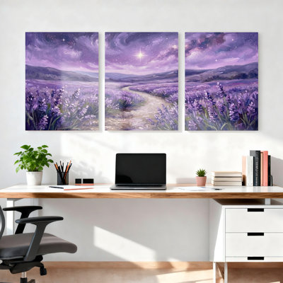 Lavande champ ciel étoilé toile tendue, ensemble de 3 reproductions de peinture à l'huile sur toile pour salon chambre à coucher
