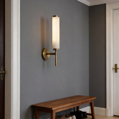 Modern Spanish Alabaster Wall Sconce, Solid Brass Minimalist Armed Sconce for Living Room & Bedroom