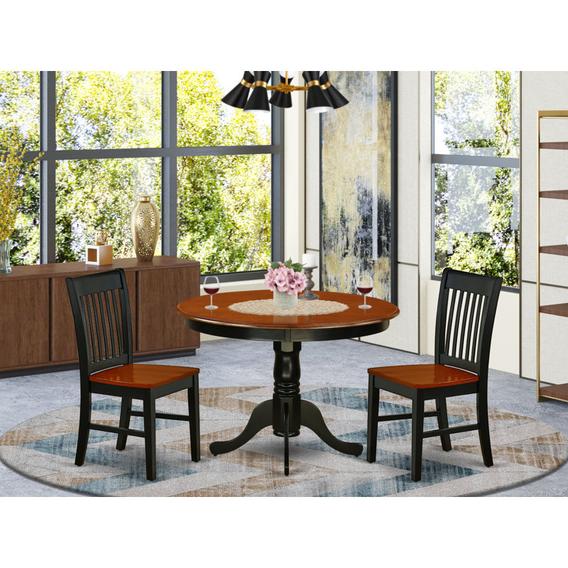 L'ensemble 3 pièces de table de cuisine et chaises comprend une table de salle à manger ronde avec piédestal et 2 chaises de salle à manger, noir et cerise