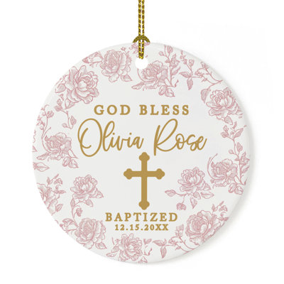 Custom Pink Toile De Jouy Baptism Ornament, Ceramic Christening Keepsake Gift For Baby Girls & Boys