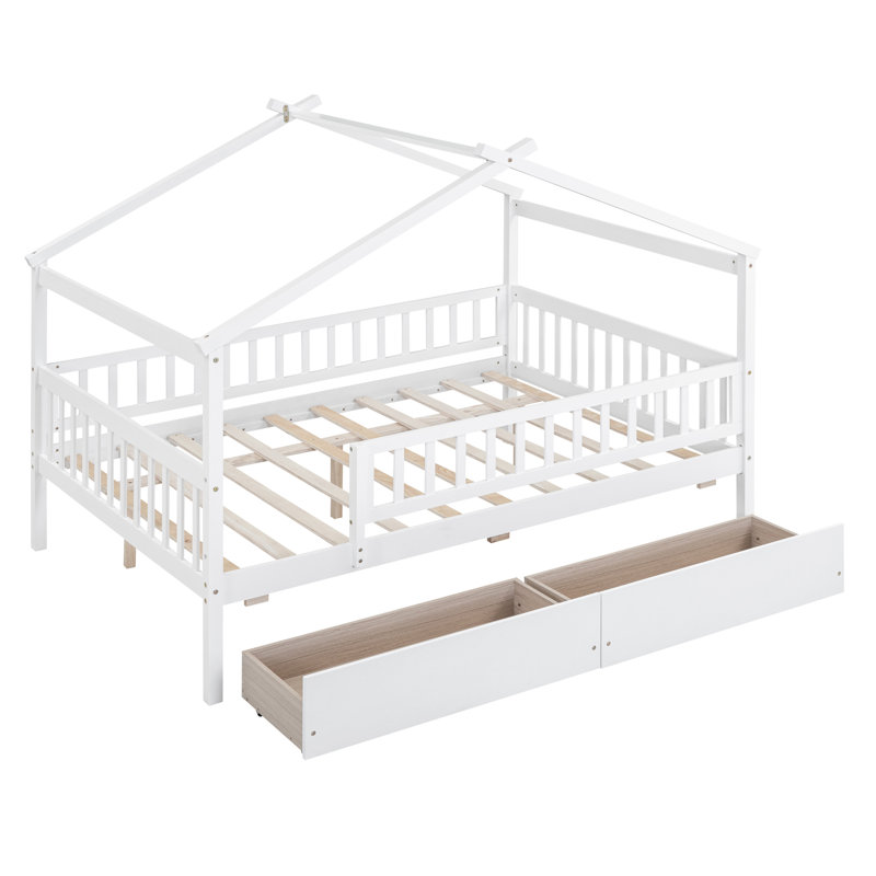 Lit double en bois avec deux tiroirs, blanc