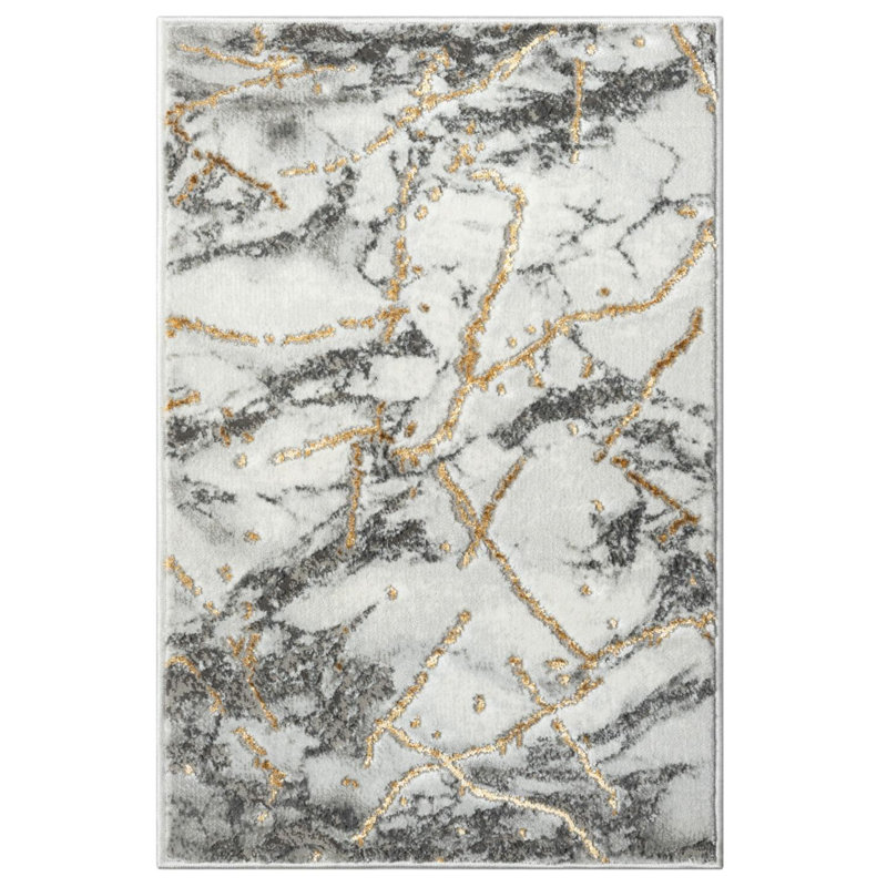 Tapis abstrait en polypropylène tissé à la machine en ivoire / gris / brun Lyth, Rectangle 2 pi x 3 pi