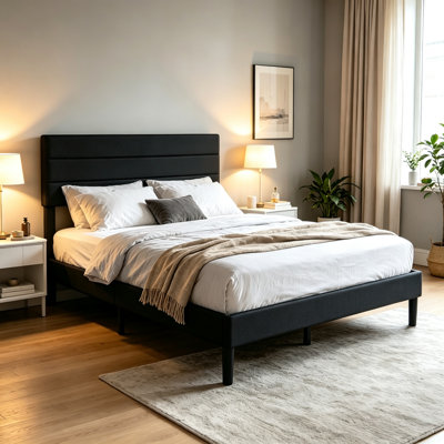 Cadre de lit plateforme rembourré de taille standard avec tête de lit en mousse, lit en lin ou en velours côtelé avec sommier à lattes en bois, sans sommier tapissier, idéal pour une chambre, une chambre d'amis ou un appartement.