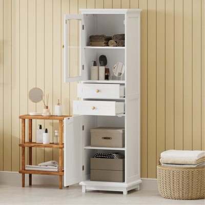 Bathroom Storage Cabinet With Glass Doors, Free-Standing, Two Drawers, And Adjustable Shelves, MDF Board - Perfect For Displaying Your Favorite Items