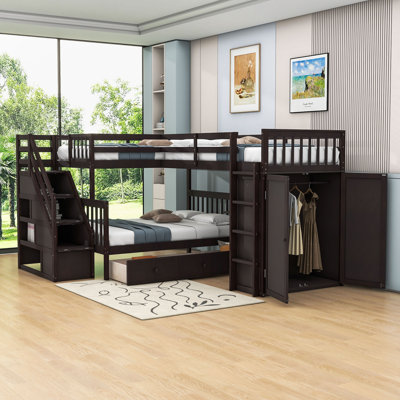 Lit superposé simple en L à 3 tiroirs Jaritsa avec bureau portable et garde-robe