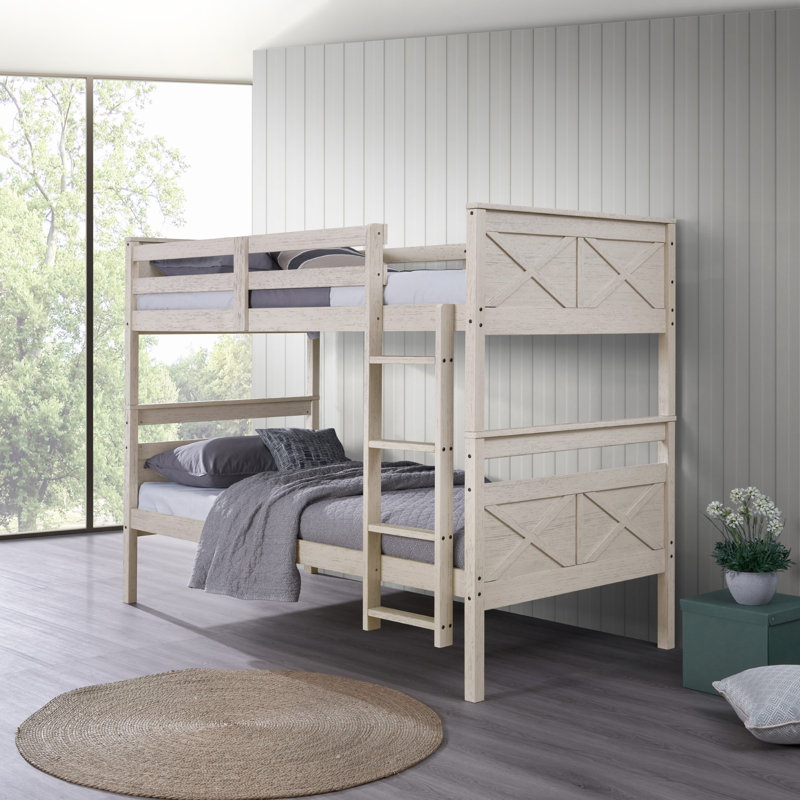 Jazzae 43.6" W Wood Twin-over-Twin Bunk Bed with Convertible Design and Guardrails, Antique White