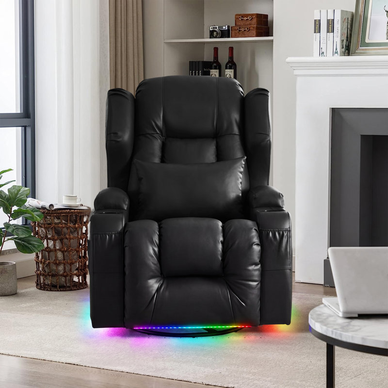 Vegan Leather Power Swivel Rocker Recliner Chair Home Theater Seating with LED Light and Cup Holder, Black Faux Leather