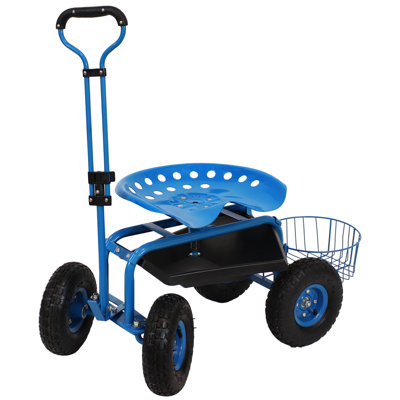  Chariot de jardin roulant en acier avec siège pivotant et poignée de direction, plateau à outils et panier - Bleu