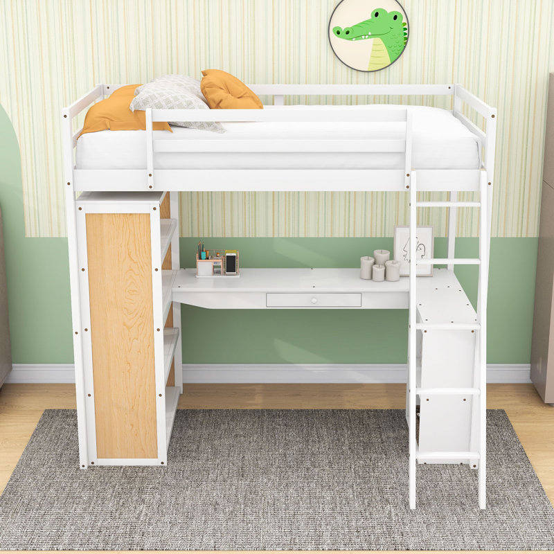 Cassilis Kids Drawer Wood Loft Bed with Built-in Desk and Shelves, White, Twin