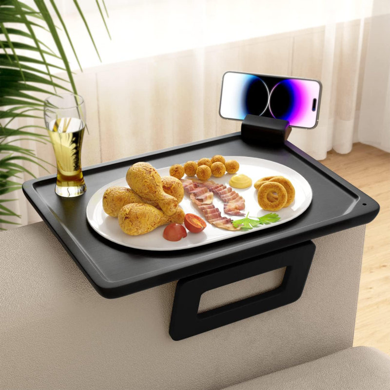 Table-plateau pivotante à 360 ° avec support pour téléphone réglable - Grand plateau multifonctionnel avec accoudoirs pour boissons, collations, télécommande et tablette